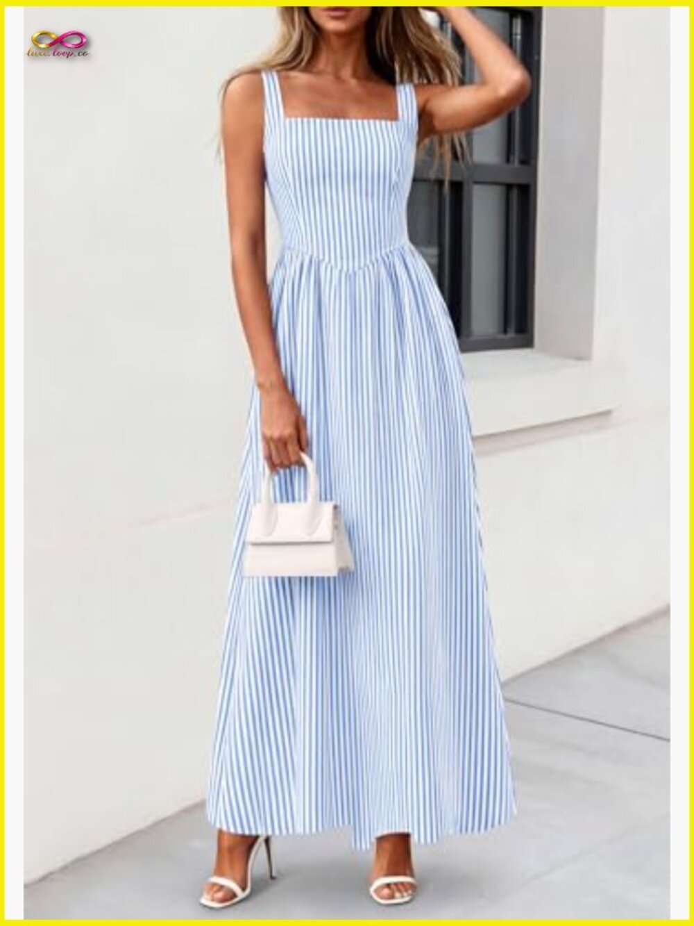 Striped Maxi Dress Smocked A-Line Flowy Beach Vacation Party Square Neck - Picture 4 of 7